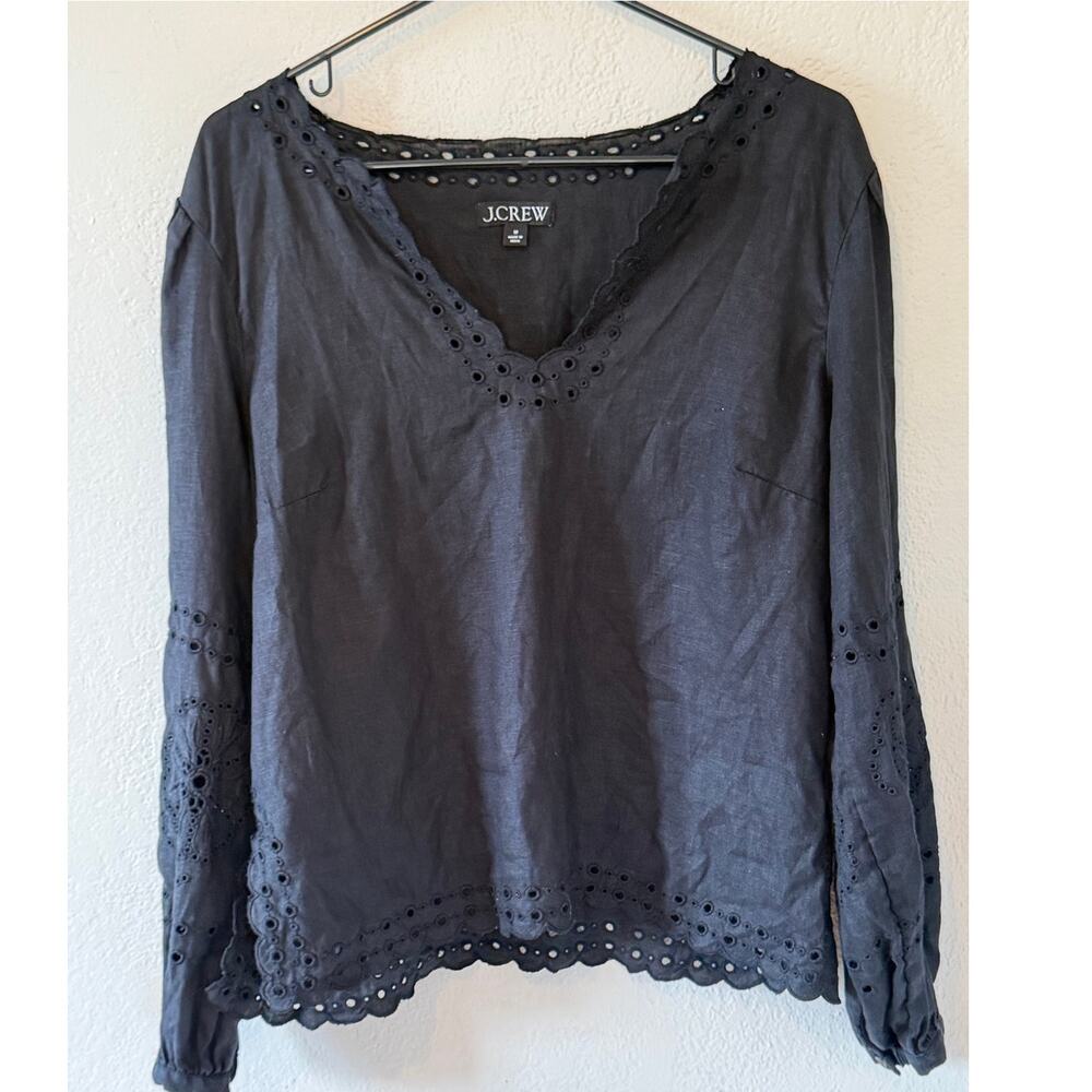 Women's J Crew Black Linen Eyelet Embroidered Blouse Top Shirt Size Medium